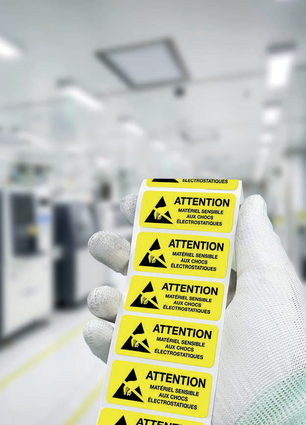 Rouleau d’étiquettes jaunes « Attention matériel sensible aux chocs électrostatiques »