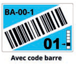 Étiquette de rack bleue avec code-barres et flèche de niveau