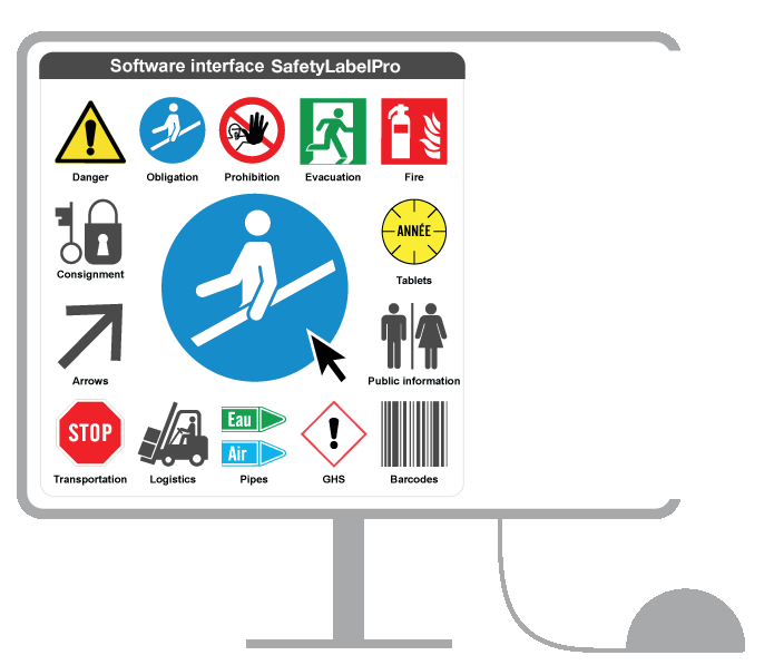 Interface du logiciel SafetyLabelPro : catégories danger, obligation, interdiction, évacuation, incendie, tuyauterie, SGH, codes-barres
