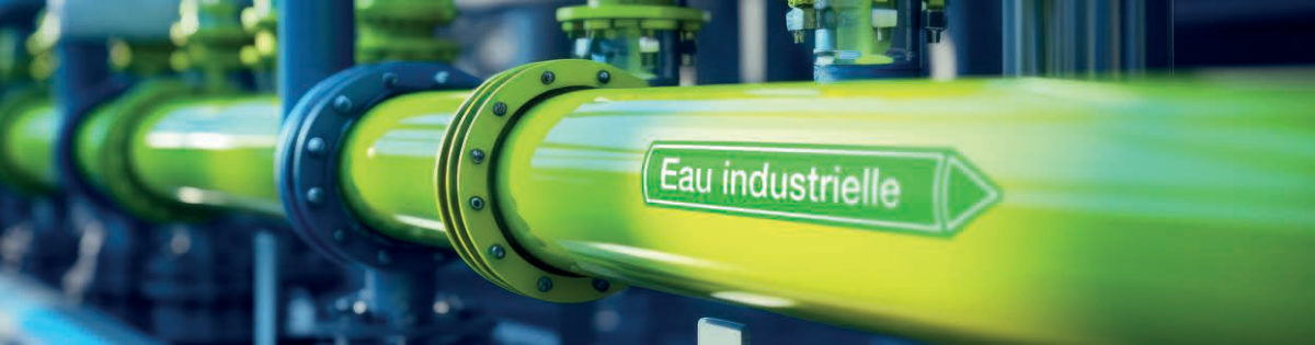 Canalisation industrielle identifiée par un marqueur de tuyauterie « Eau industrielle »