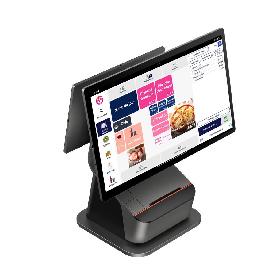 Écran de caisse Atillasoft avec menu du jour, planches et carte des boissons