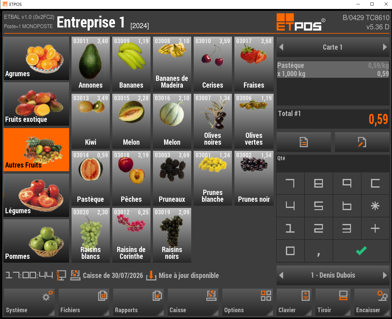 Interface logicielle ETPOS - sélection fruits et légumes